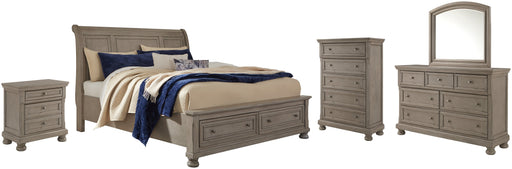 Lettner Queen Sleigh Bed with 2 Storage Drawers with Mirrored Dresser, Chest and Nightstand Homeline Furniture