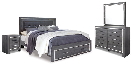 Lodanna King Panel Bed with 2 Storage Drawers with Mirrored Dresser and Nightstand Homeline Furniture